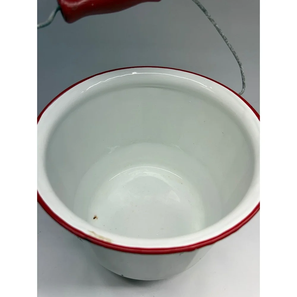 Vintage White Enamelware Lidded Pot Red Trim Wooden Handle Farmhouse Bucket